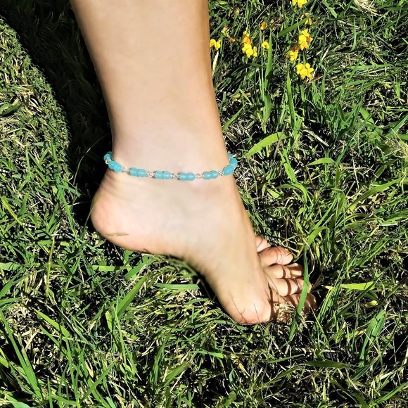 Seafoam Green Anklet/ Beachy Frosted Turquoise and Silver Anklet for Women - Picture 2 of 4